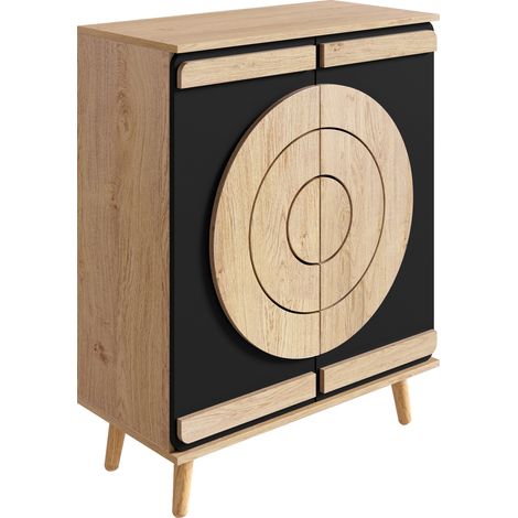 Moderner Schuhschrank mit runden geometrischen Türen, mehreren Ablagen und Holzbeinen (1/5)