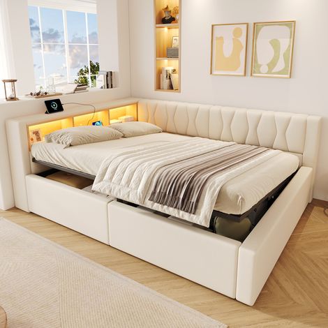 Lit coffre banquette 140x200 cm,rangement hydraulique,LED dimmable,étagères,port USB,tête de lit réversible,beige (1/5)