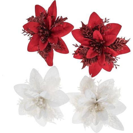 Fiori di stella di Natale bianchi e rossi, 14 cm, 4 pezzi