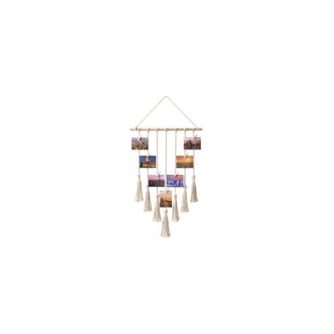 Décoration murale tissée en coton – Beige – Support photo fait main avec 25 pinces en bois (1/5)