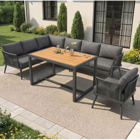 Salon de jardin modulable 7 places en angle gris avec structure en fer, table basse WPC et coussins épais lavables (1/5)