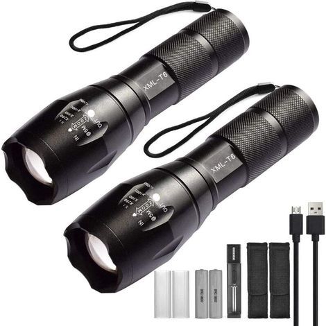 Lot de 2 lampes Torche de poche LED haute puissance avec 2 piles rechargeables 18650, lampe de poche tactique avec chargeur USB (1/5)
