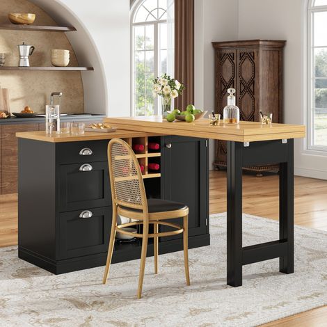 Îlot de cuisine extensible 120-197 x 40 x 74 cm, pivot 360° grande capacité, cuisine petit espace, MDF stable, Noir