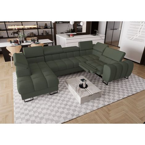Wohnlandschaft Schlafsofa BASTIEN RELAX in Stoff Gemma Dunkelgrün Ottomane Links