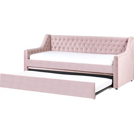 Letto singolo con letto estraibile 90 x 200 cm in Velluto Rosa con Rete a Doghe Montargis