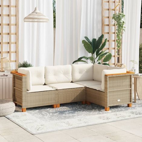 Salon d'extérieur modulable 4 places en résine tressée beige avec coussins et pieds en bois d'acacia (1/5)