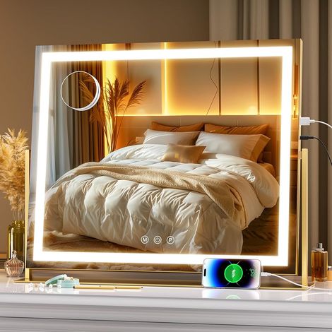 Hasipu Schminkspiegel mit Beleuchtung 60 x 50 cm, LED Kosmetikspiegel mit USB-Ladeanschluss, 360° Drehung Tischspiegel für Make-up Gerade Gold