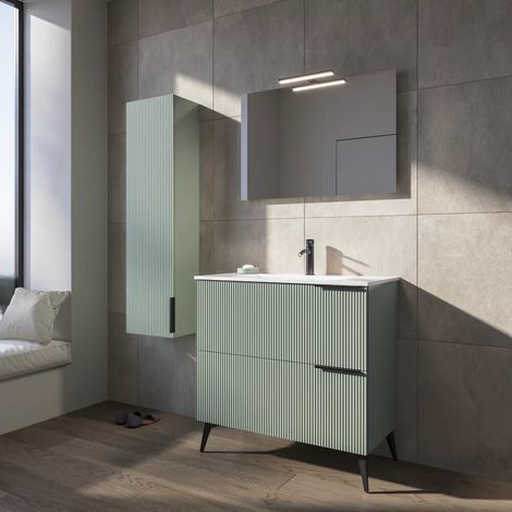 Mobile bagno a terra cannettato 90 cm verde salvia 2 cassetti con lavabo in ceramica piedini nero opaco Fuji (1/3)