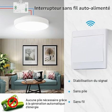 Wireless Self-Generating Light Switch, Radio Frequency Control with Relay Receiver and Fuse, Battery Free Kinetic Switch (1-way, 2-key kit) (1/4)