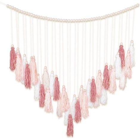 Gran tapiz de macramé para pared, decoración bohemia para el hogar, borlas rosa pálido, decoración de pared bohemia (1/5)