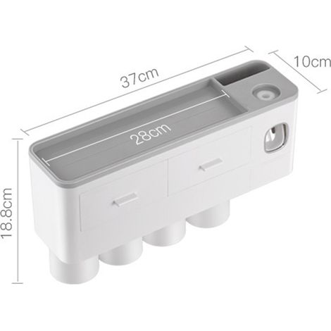 Porte-brosse à dents mural multi-fonctions avec rangement adhésif magnétique, distributeur de dentifrice, tiroir et 4 gobelets, gris (38,4x11,3x20cm)