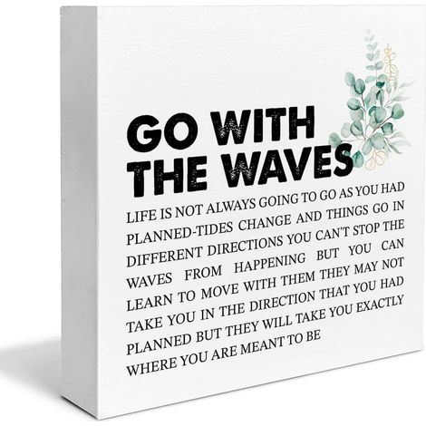 Décoration de bureau panneau en bois avec citation inspirante : "Va avec les vagues", devise, panneau carré en bois, décoration de bureau, boîte en bloc en bois pour maison et maison de plage (1/5)