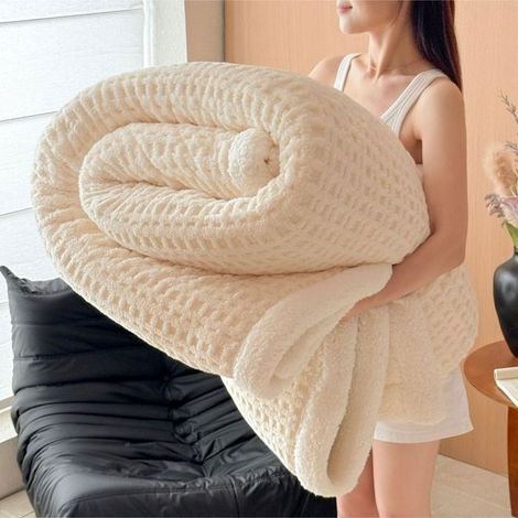 Couverture Double Face , 100150cm Motif Nid d’Abeille, Tissu Taffetas et Doublure Sherpa, Épaisse et Chaude pour Lit-blanc (1/5)