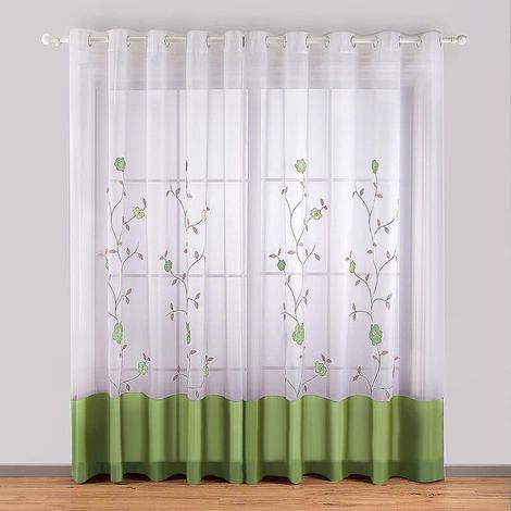 1 Pièce Rideaux à Oeillets Voilages Broderie Floral pour Chambre Cuisine Salon, 140cmx175cm, Vert-Ensoleillé (1/5)