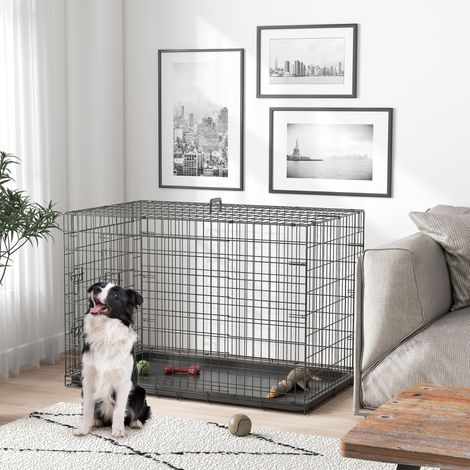 Jaula plegable de acero para el transporte de perros con 2 puertas con cerradura, 106 cm de largo x 68 cm de ancho x 76 cm de alto, color negro.