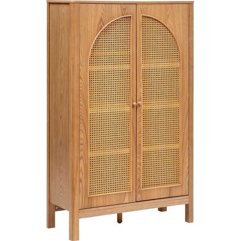 Atmosphera – Armoire 2 portes marron 92,5x40x150,5 cm – MDF, bois frêne, rotin, métal – 3 étagères, cannage rotin – À monter soi-même (1/5)