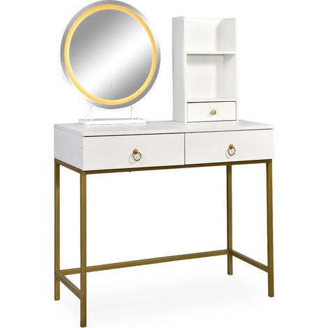 Coiffeuse Avec Miroir Lumineux "Essie" 125cm Blanc & Or (1/5)