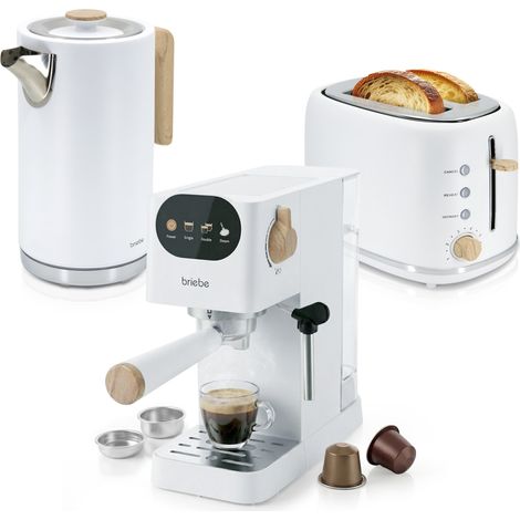 Briebe SKT1209WHT Nordic Set Machine à Café 20 Bars, Grille-Pain 2 Tranches, Bouilloire Électrique 1350W Blanc