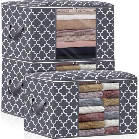 Ahlsen Lot de 3 grands sacs de rangement de 100 L pour couvertures, vêtements, literie, couettes, organiseur pliable avec poignée renforcée, fenêtre transparente, fermetures éclair robustes, gris (1/5)
