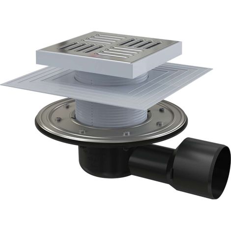 Alca - Scarico laterale a pavimento 15x15 cm, diametro 5/8 cm, 2° livello di isolamento, arresto dell'acqua e degli odori secchi, acciaio inox/plastica APV3444 (1/3)