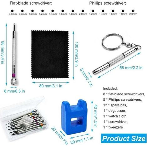 13-teiliges Präzisionsschraubendreher-Set 0,6–2,0 mm, Uhrenschraubendreher für Reparaturen, Uhrmacherschraubendreher mit Entmagnetisierer, Uhrenreparaturwerkzeuge (13) (1/5)