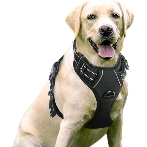 Anti-Zug-Hundegeschirr mit Griff, leicht anzulegen, verstellbare reflektierende Weste mit Frontbefestigung, Geschirr für mittelgroße bis große Hunde, Schwarz, Größe L (1/5)