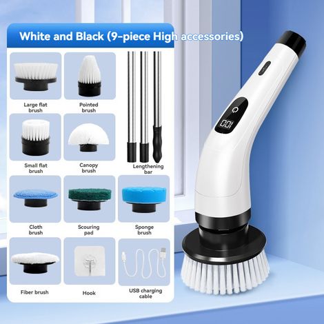 Brosse de nettoyage électrique multifonctionnelle, sans fil, étanche, extensible et rétractable, pour sols et cuisine, blanche et noire, ensemble haut de gamme de neuf pièces + accessoires. (1/5)