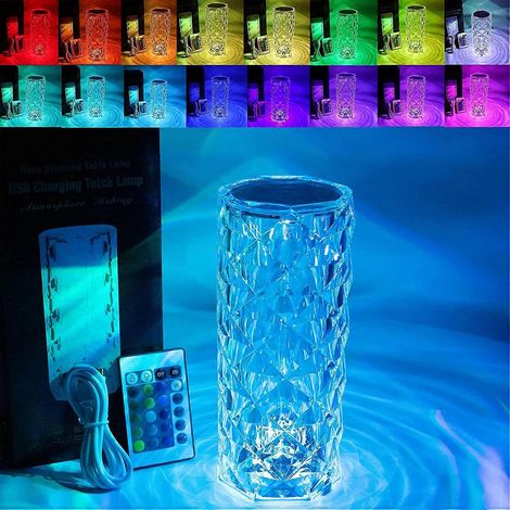 Lampe de table tactile LED cristal, veilleuse, 16 couleurs, lampe de table rechargeable rose diamant avec commande tactile, lampe de table USB, éclairage romantique décoratif (1/5)