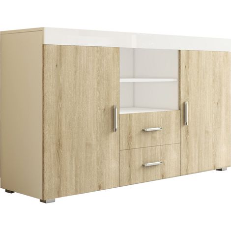 Aparador de salon 2 puertas 2 cajones  Aparador de cocina  Mueble de salon  Recibidor  140x82x40cm  Modelo Roque  Blanco brillo con Sonoma mate