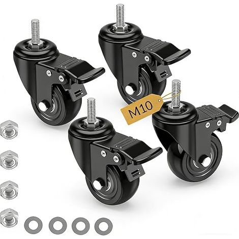 Furniture Casters Threaded Stem M10 x 0.3 x 30 mm, Set of 4 50 mm Swivel Castors with Brake, Double Ball Bearings Heavy Load Castor 360° Rotation, Up to 300 kg (1/5)