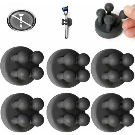 Lot de 6 crochets adhésifs, crochets muraux, porte-brosse à dents en silicone, crochet auto-adhésif, porte-câble élastique, crochet à clé, porte-stylo, porte-rasoir, douche pour salle de bain(noir) (1/5)