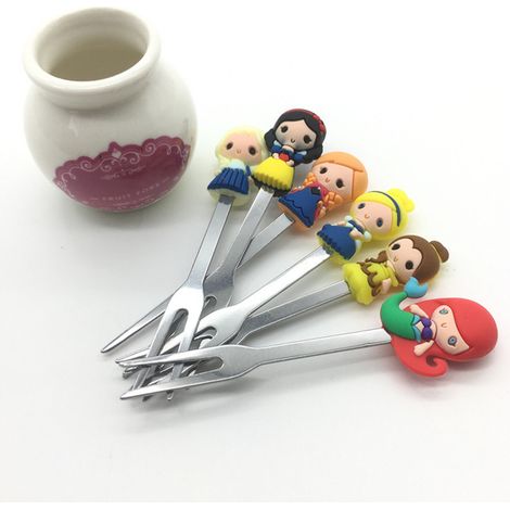 Ensemble de fourchettes à fruits princesse dessin animé Instagram, en silicone céramique et acier inoxydable de qualité alimentaire, pour bébés fruits et gâteaux. (1/5)