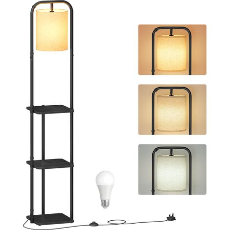 Lampadaire sur Pied, avec 3 Étagères, Lampe sur Pied, Ampoule LED Incluse, avec Interrupteur, Abat-Jour en Tissu, pour Salon, Chambre, Noir d'Encre (1/5)