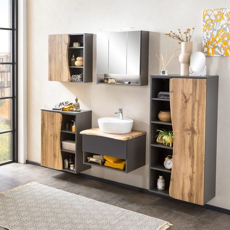 Badezimmermöbel Set mit Aufsatzwaschbecken und LED Spiegelschrank KAHLA-03 in anthrazit mit Wotan Eiche Nb. in Baumkantenoptik, B/H/T: ca. 221/200/52 cm (1/5)