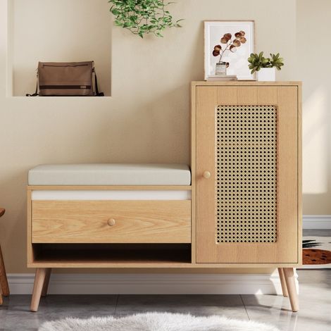 Banc à Chaussures avec Rotin et Coussin de Siège - 95,5x35x80,5 cm - Meuble d'Entrée avec Tiroirs et Placard - Naturel (1/5)