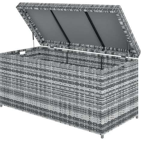 Coffre jardin rotin 380L résistant intempéries UV avec couvercle poignée intégrée table appoint extérieur gris foncé (1/5)