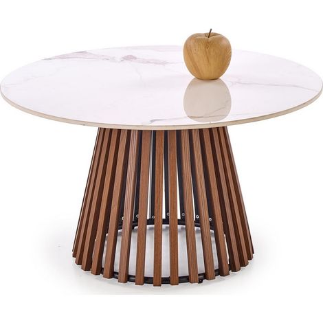Table basse ronde aspect marbre 80 cm avec pied plaqué noyer KAREN (1/5)