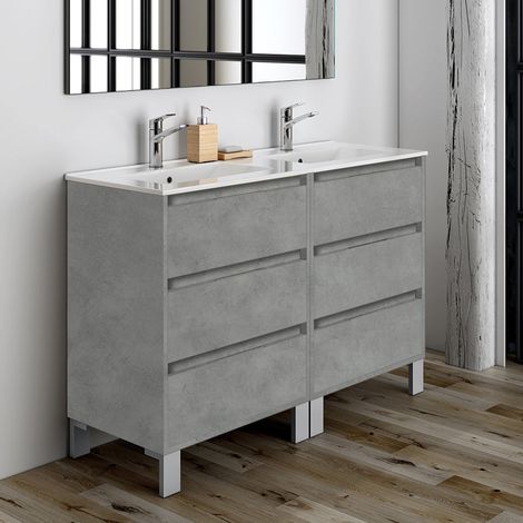 Meuble de salle de bain 120cm double vasque - 6 tiroirs - sans miroir - ciment (gris) - TIRIS 3C (1/4)