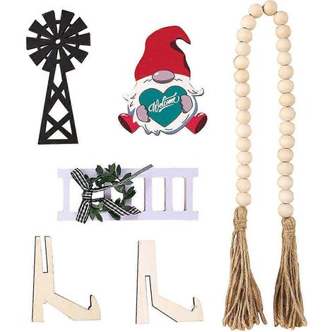 Deko-Set für Etageren im Landhausstil: Gartenzwerge, rustikales Schild, Holzperlengirlande