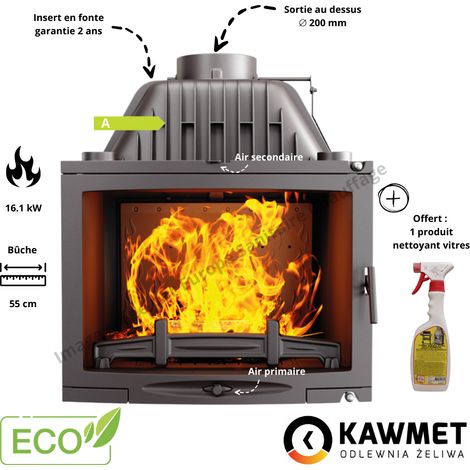 Insert cheminée à bois en fonte 16.1 kW – Double combustion – Vitre panoramique – Pour bois dur jusqu'à 20% d'humidité – Sortie de fumée 200 mm