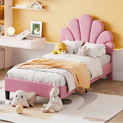 Polsterbett Kinderbett 90 x 200 cm, Bettgestell mit Kopfteil in Blumenform und Lattenrost, Teenie-Mädchenbett in hautfreundlichem Samtstoff, Gästebett (Farbe: Rosa) (1/5)