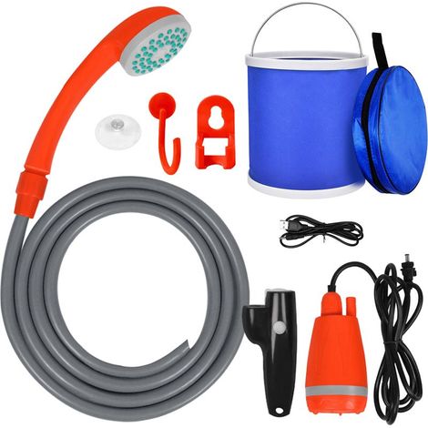 Kit de ducha para camping, bomba de ducha eléctrica recargable, cabezal de ducha con cubo plegable de 13 litros, color naranja. (1/2)