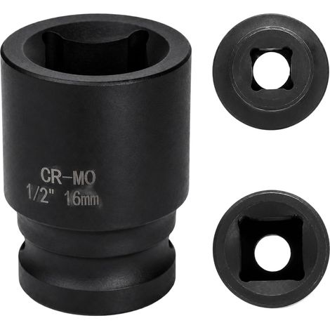 douille 16mm 1/2" 4 pans, douille a choc 1/2 16mm Acier Chrome-Molybdène CR-MO(Black) (1/5)