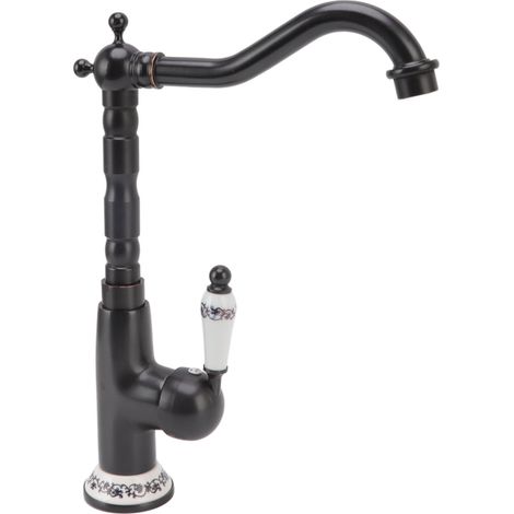 Robinet de cuisine antique, style rétro, robinet mitigeur rotatif en laiton robuste avec valve en porcelaine et bec long, pour salle de bain ou cuisine. (1/5)