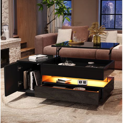 Tavolino da caffè rialzabile 95 x 50 x 40 cm con LED, vano nascosto, nero HAVRYA (1/5)