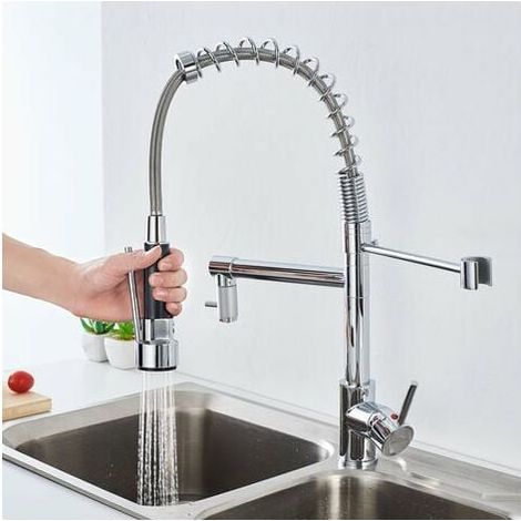 Single Handle Kitchen Faucet with Flexible Swivel Spray Two-Jet Retractable Sink Faucet High Spout in Durable Brass (1/5)