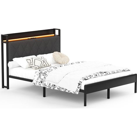 Lit rembourré 140x190 avec tête de lit LED, port USB, rangement sous le cadre, structure métal robuste, style moderne noir et gris - CHICFURN (1/5)