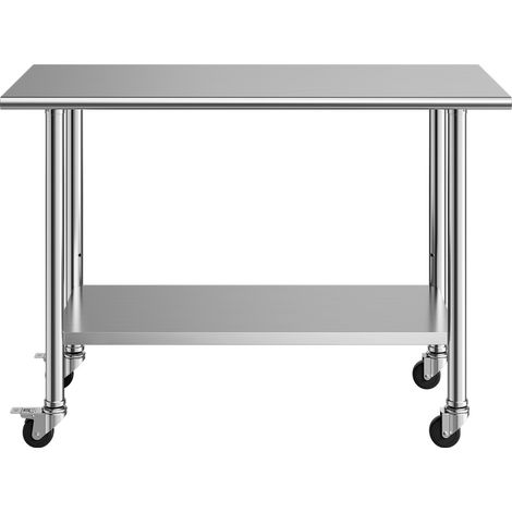 Mophorn Table de travail en acier inoxydable pour cuisine professionnelle, 122x61 cm, avec deux niveaux. Idéale pour la préparation dans les cafés, équipée de roulettes pour une mobilité pratique. (1/5)