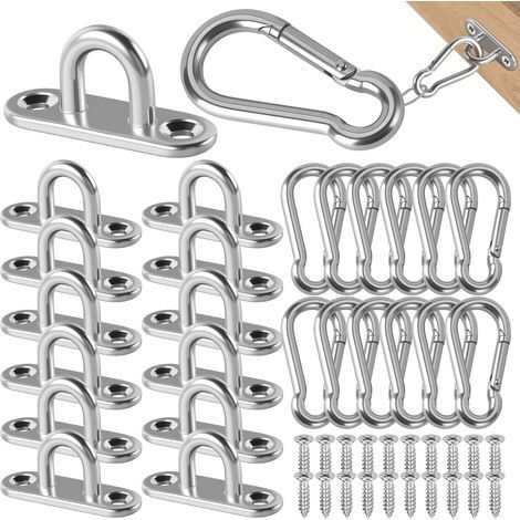 Set mit 40 kleinen Edelstahl-Deckenhaken mit vorgebohrten Löchern, Wandring mit Aluminium-Karabinern und Schrauböse. Diese Haken eignen sich zur Wandmontage. (1/5)