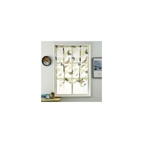 Rideau Romain Vert 60x140 cm Tulle Imprimé Papillon, Transparent, Volants, Idéal pour Balcon, Cuisine, Salon et Chambre (Tringle Non Incluse)